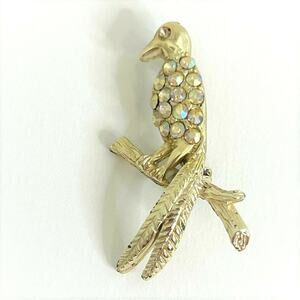 Vintage Bird Brooch Gold Tone with Rhinestones Bird on Branch